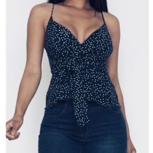 MIDNIGHT NAVY POLKA DOT TIE FRONT TOP